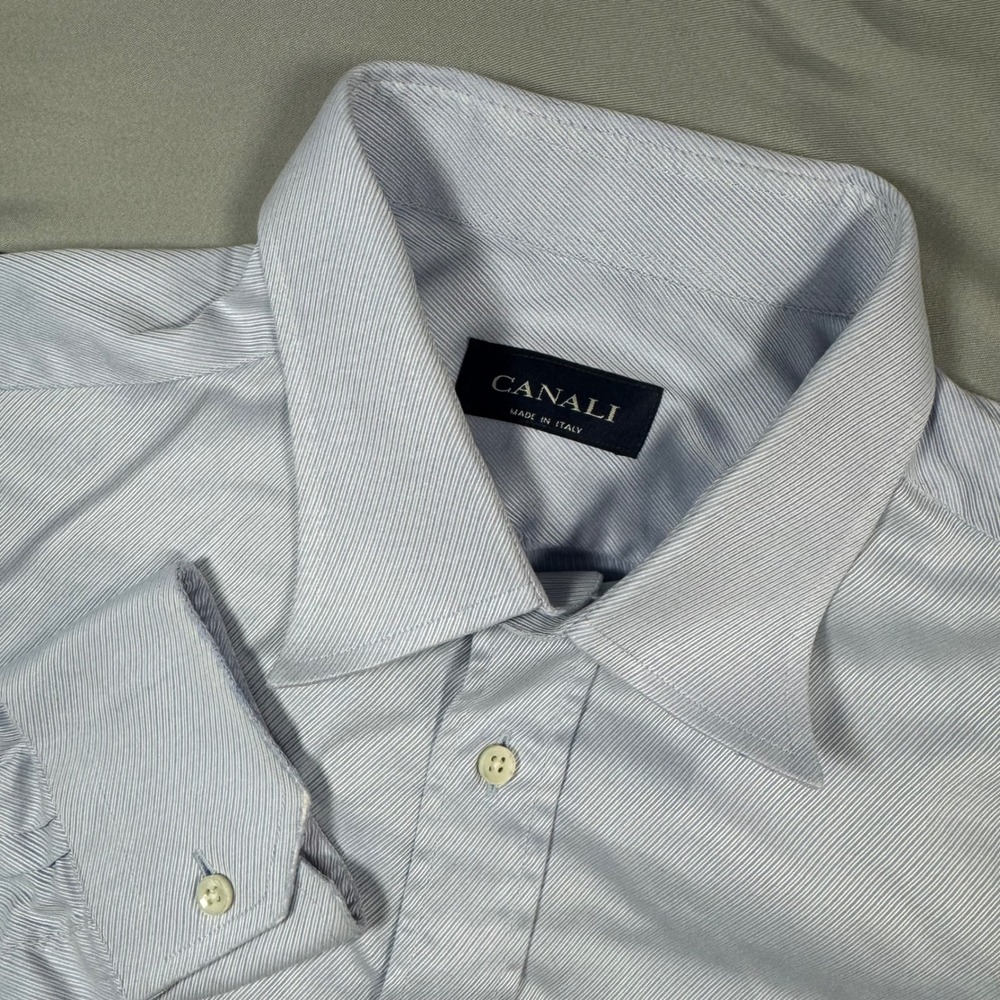 Canali Mens 17 43 Light Blue Micro Stripe Dress Shirt Made in Italy Luxury